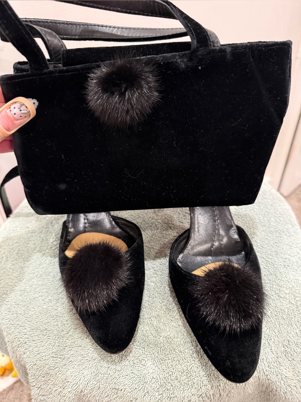 kate spade Black Velvet Pom-Pom Pointed-Toe Mules with Matching Mini Bag